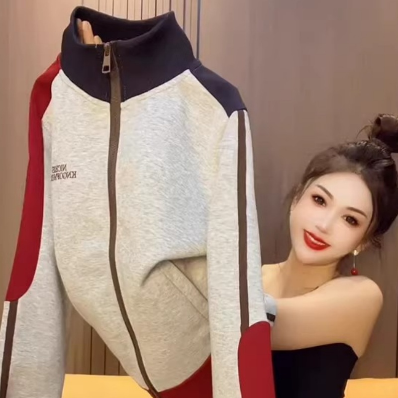 时尚拼色双拉链立领外套女春秋新款显瘦上衣复古休闲运动夹克卫衣
