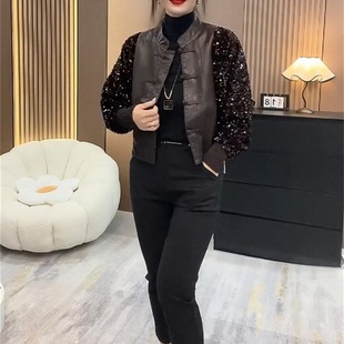 亮片袖拼接蛋白皮尤外套女2025秋季小香风时尚气质百搭爆款短外套