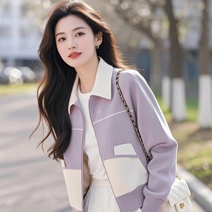 小香风洋气紫色短外套女春装2025新款韩版时尚百搭开衫拉链卫衣