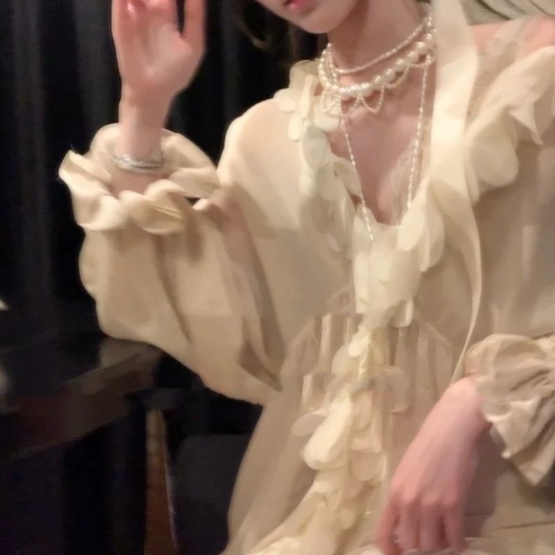 高级感气质名媛拼接网纱设计长袖衬衣女2025春季新款宽松减龄上衣
