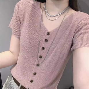 百搭纯色上衣小衫 夏新款 欧货气质修身 女短袖 V领纽扣冰丝针织开衫