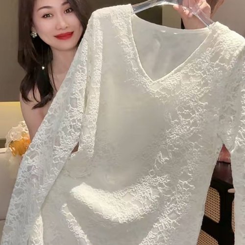 2025春季新款气质蕾丝宽松显瘦纯色百搭洋气V领中长款长袖蕾丝衫