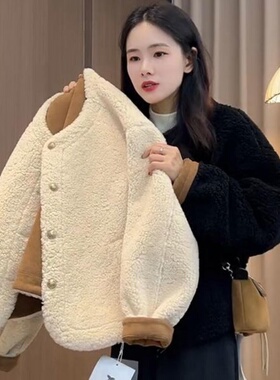 2025秋冬新款慵懒风宽松休闲显瘦圆领仿羊羔毛皮毛一体保暖短外套