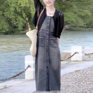 外套吊带裙两件套潮 复古牛仔连衣裙套装 女秋季 新款 设计感小众开衫