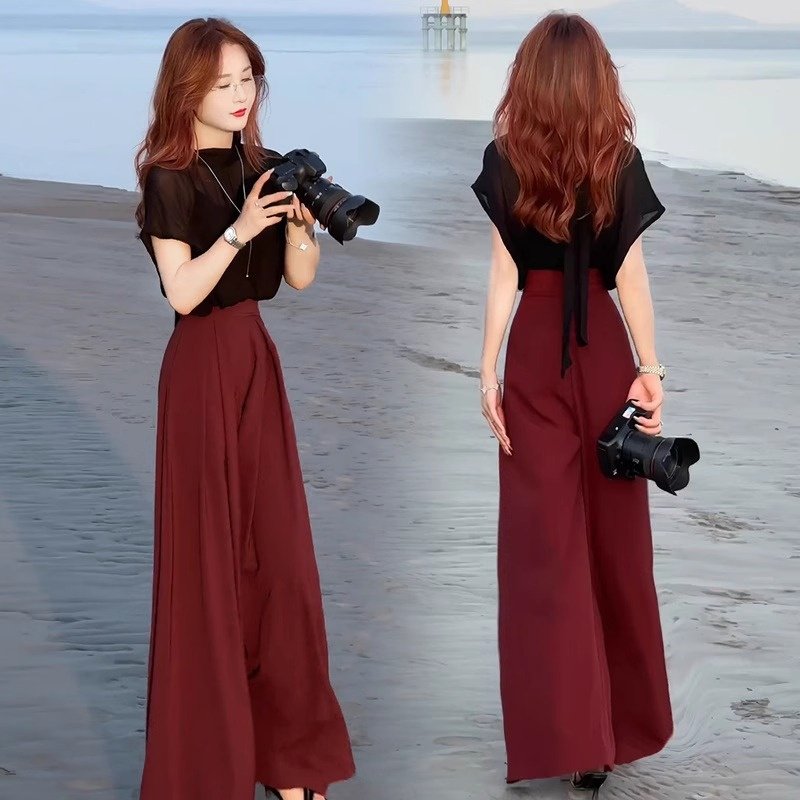 气质名媛高端时尚洋气套装女2025夏季大码欧货雪纺衫阔腿裤两件套,女装/女士精品,时尚套装,淘宝优惠券,粉丝福利购,淘宝优惠卷