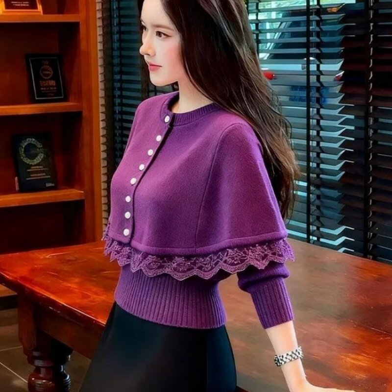 2025秋冬紫色斗篷针织衫独特绝美假两件毛衣慵懒风气质穿搭上衣女