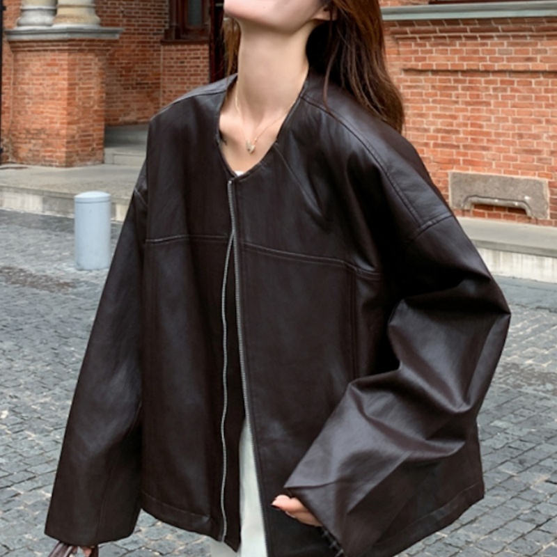 复古格子拼接连帽皮衣外套女2025秋新款设计感宽松短款机车服夹克