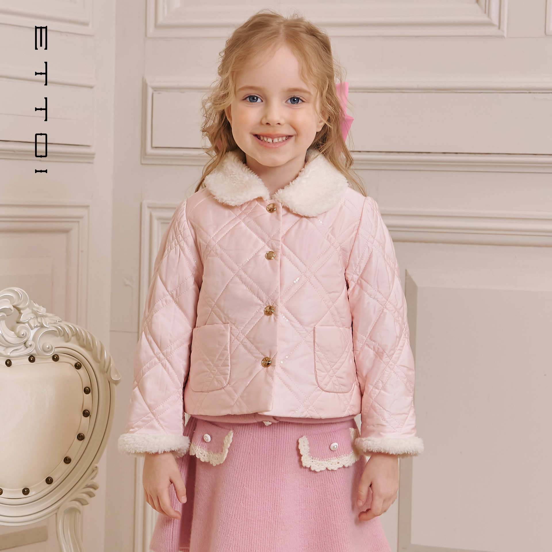朗姿童装/ETTOI爱多娃儿童棉服女童百搭翻领短外套2025年冬季新款