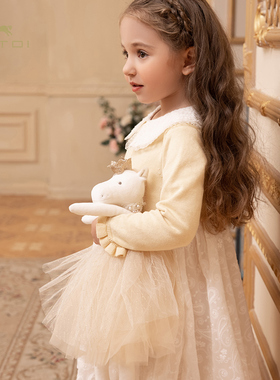 朗姿童装/ETTOI爱多娃女童针织网纱公主裙儿童娃娃领连衣裙春新款