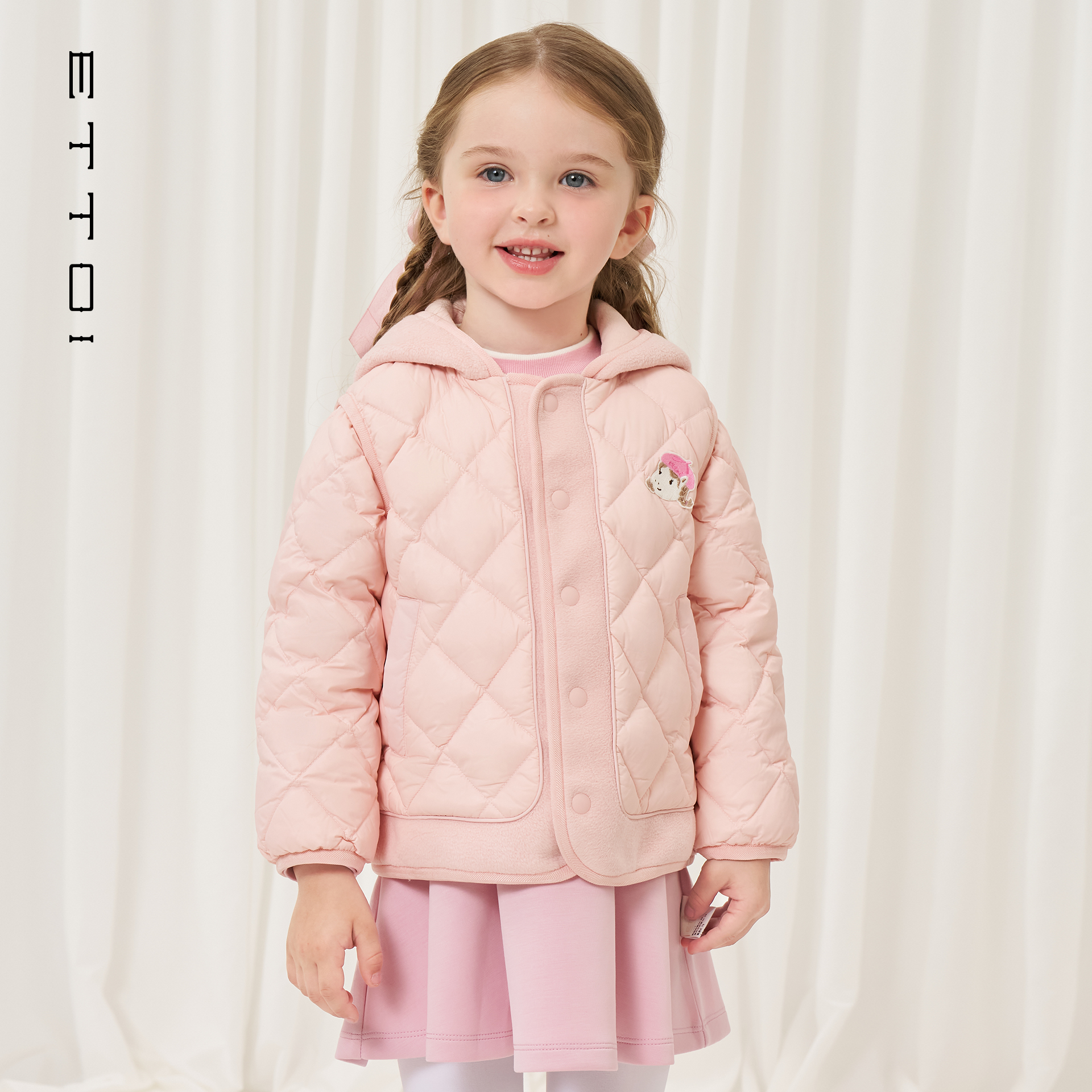 朗姿童装/ETTOI爱多娃儿童菱格棉服女童连帽轻薄外套2025冬季新款