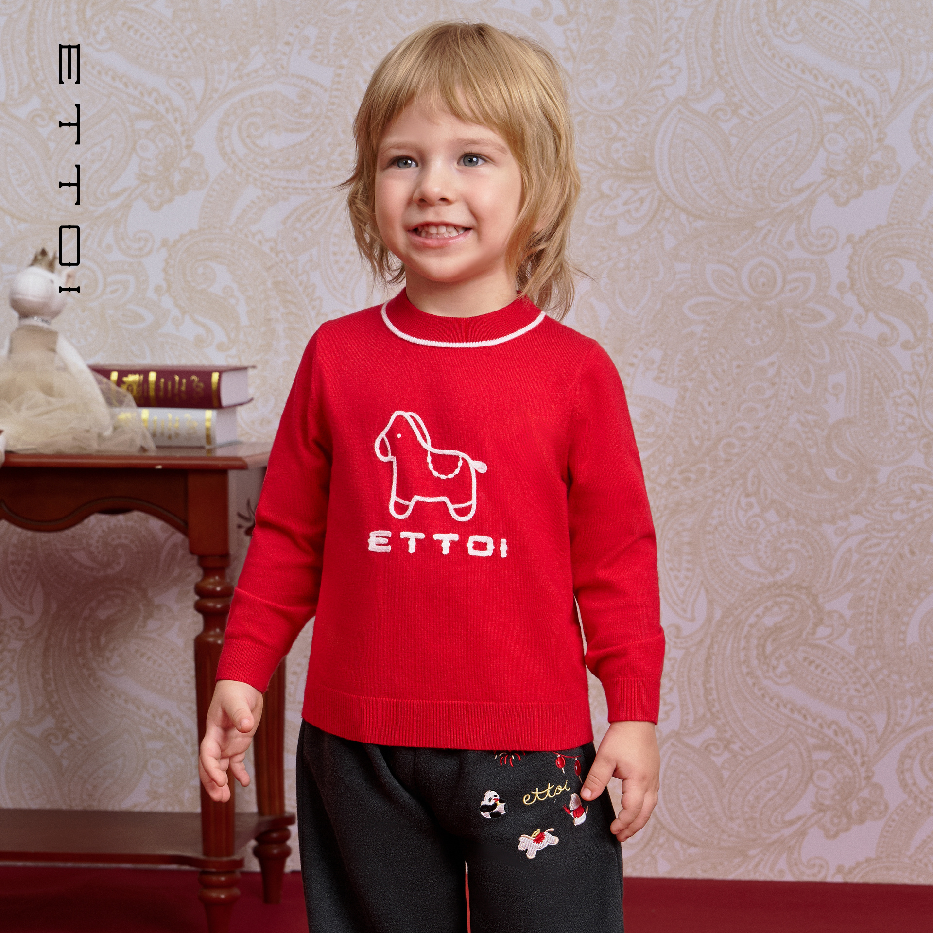 朗姿童装/ETTOI爱多娃儿童新年红色毛衣男女童针织衫2026春季新款