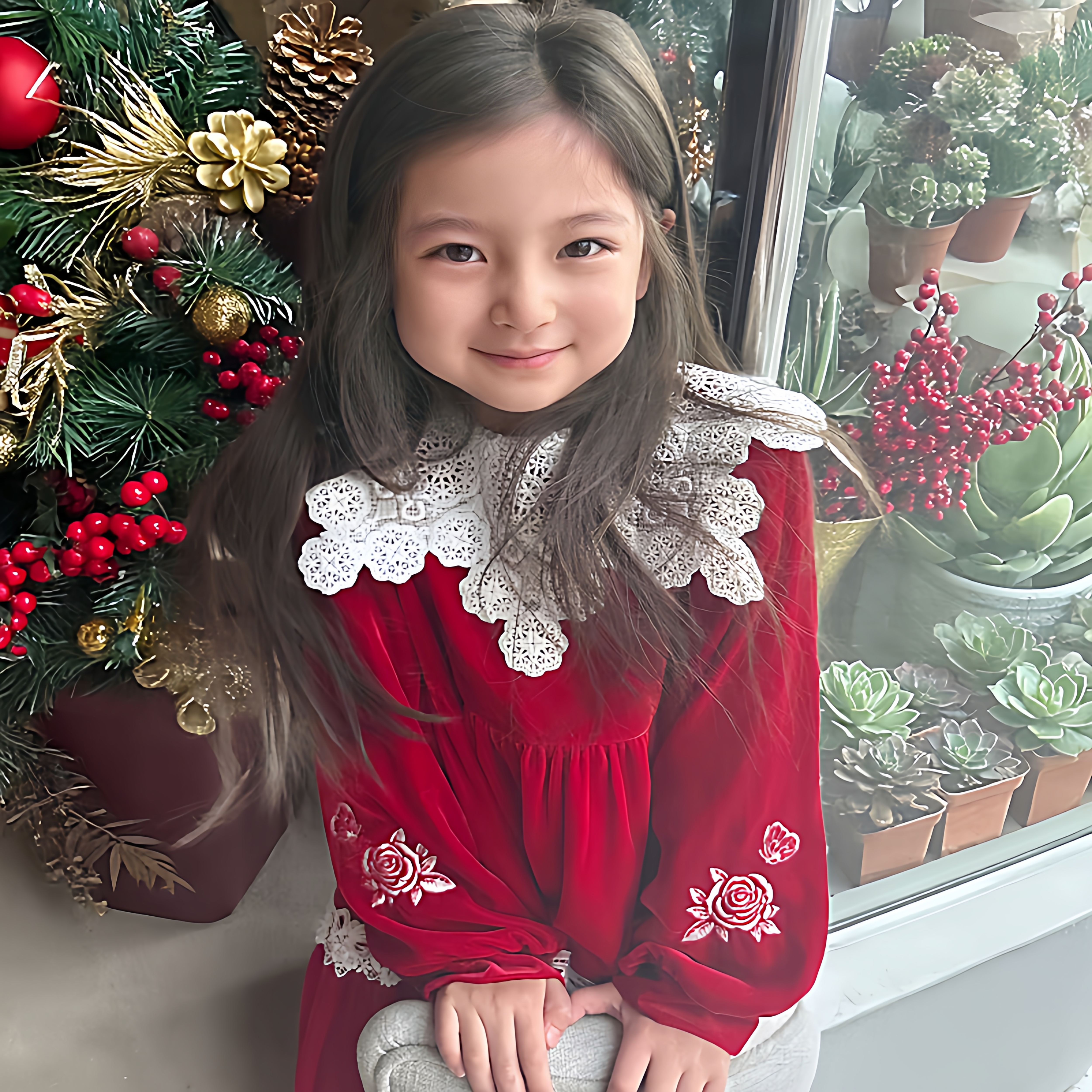 ettoi女童红色丝绒连衣裙