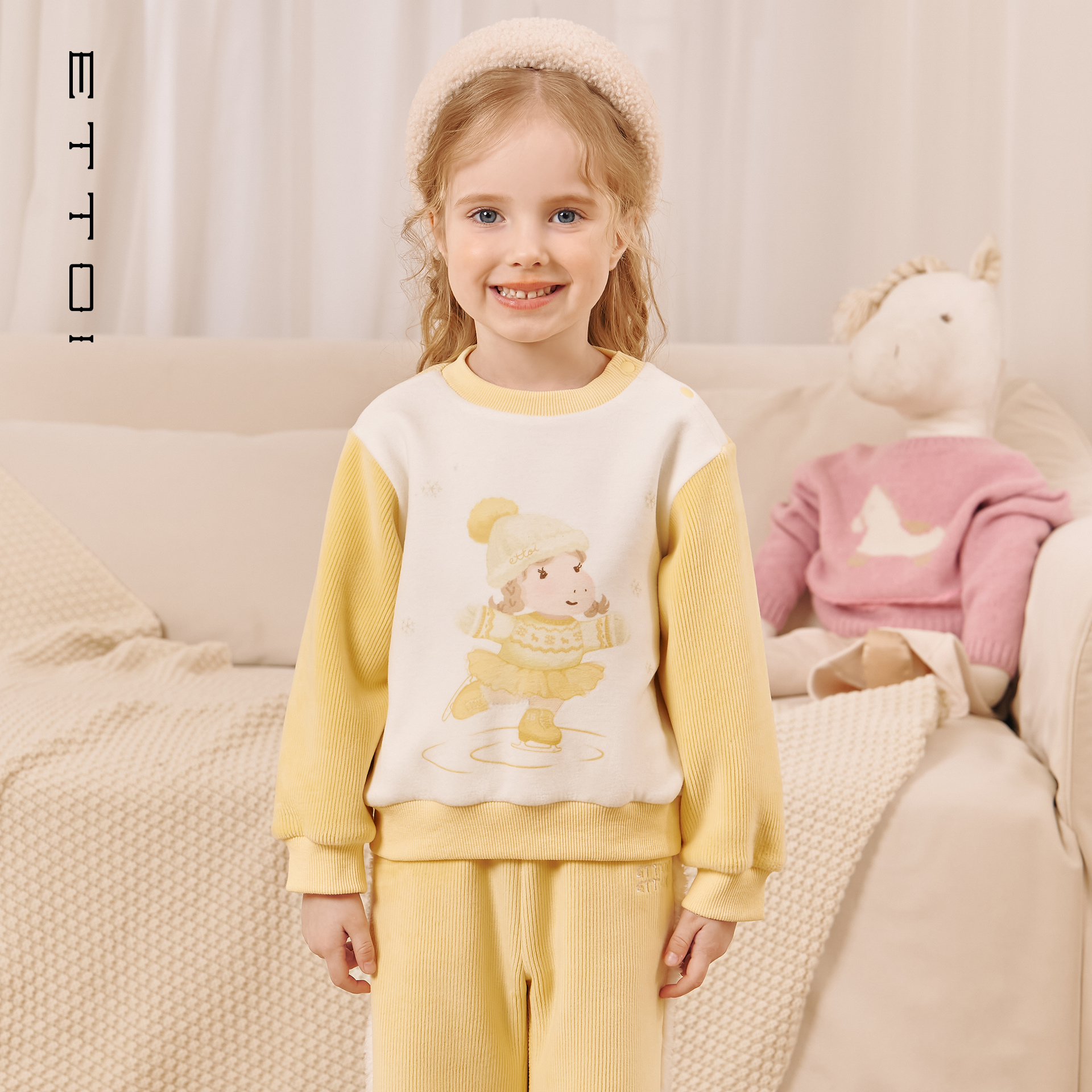 朗姿童装/ETTOI爱多娃儿童可爱卫衣女童拼接圆领上衣2025冬季新款