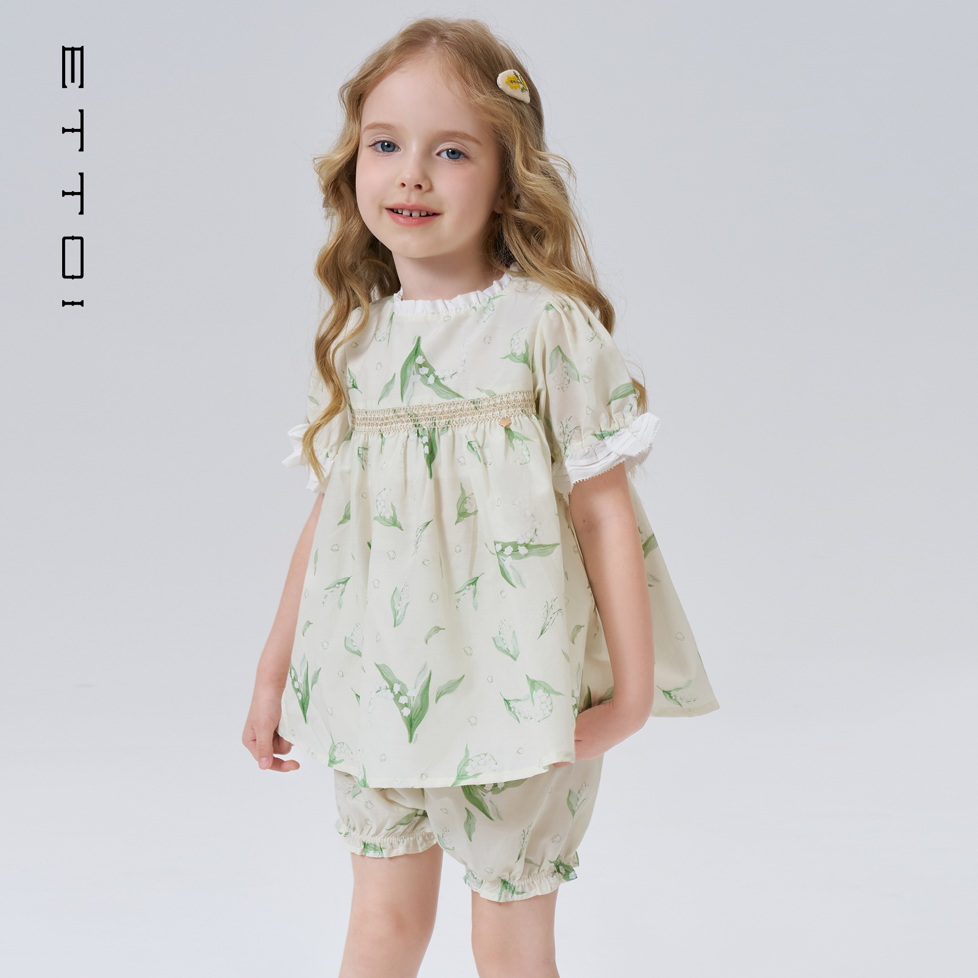 【朗姿集团】ETTOI爱多娃女童夏季铃兰花印花套装短袖短裤桑蚕丝