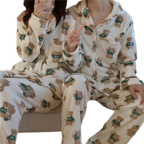 Real price Korean winter warm Cartoon Bear double-sided cashmere couple home clothes Pajama Set