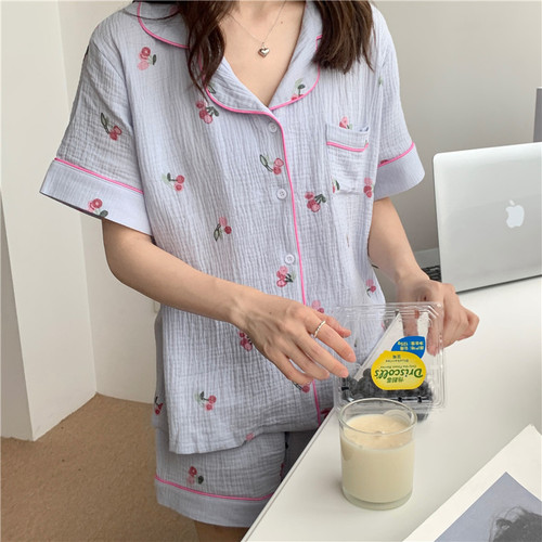 Real price cotton double yarn sweet love rimmed home clothes pajamas short sleeve shorts suit