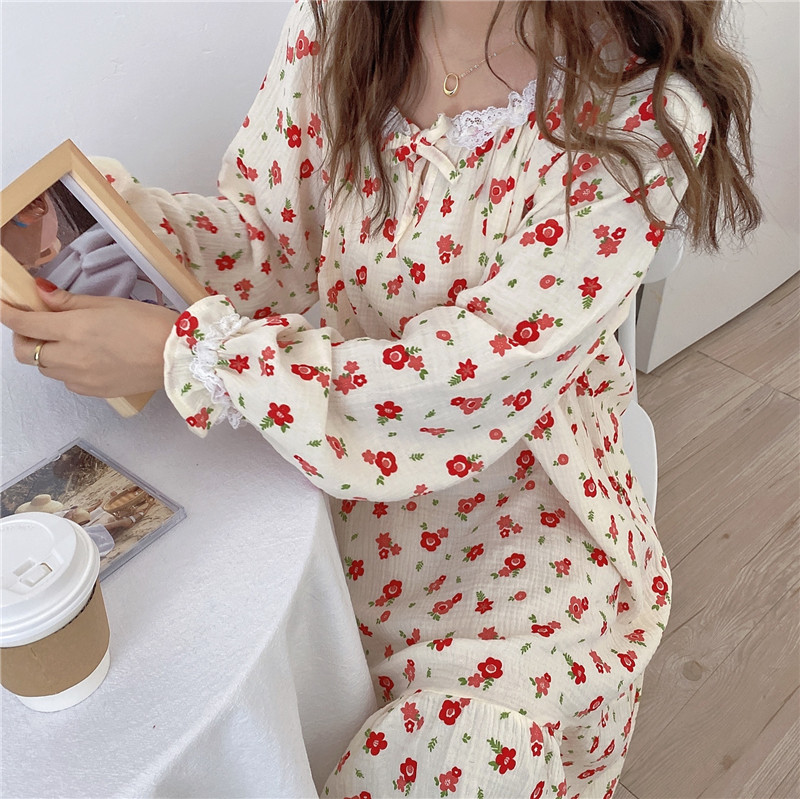 Real shot real price Korean girl lace cotton hemp floral home dress dress nightdress