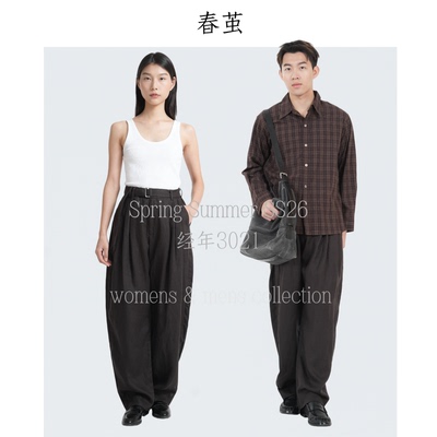 中性风亚麻弯刀裤进口亚麻咖色