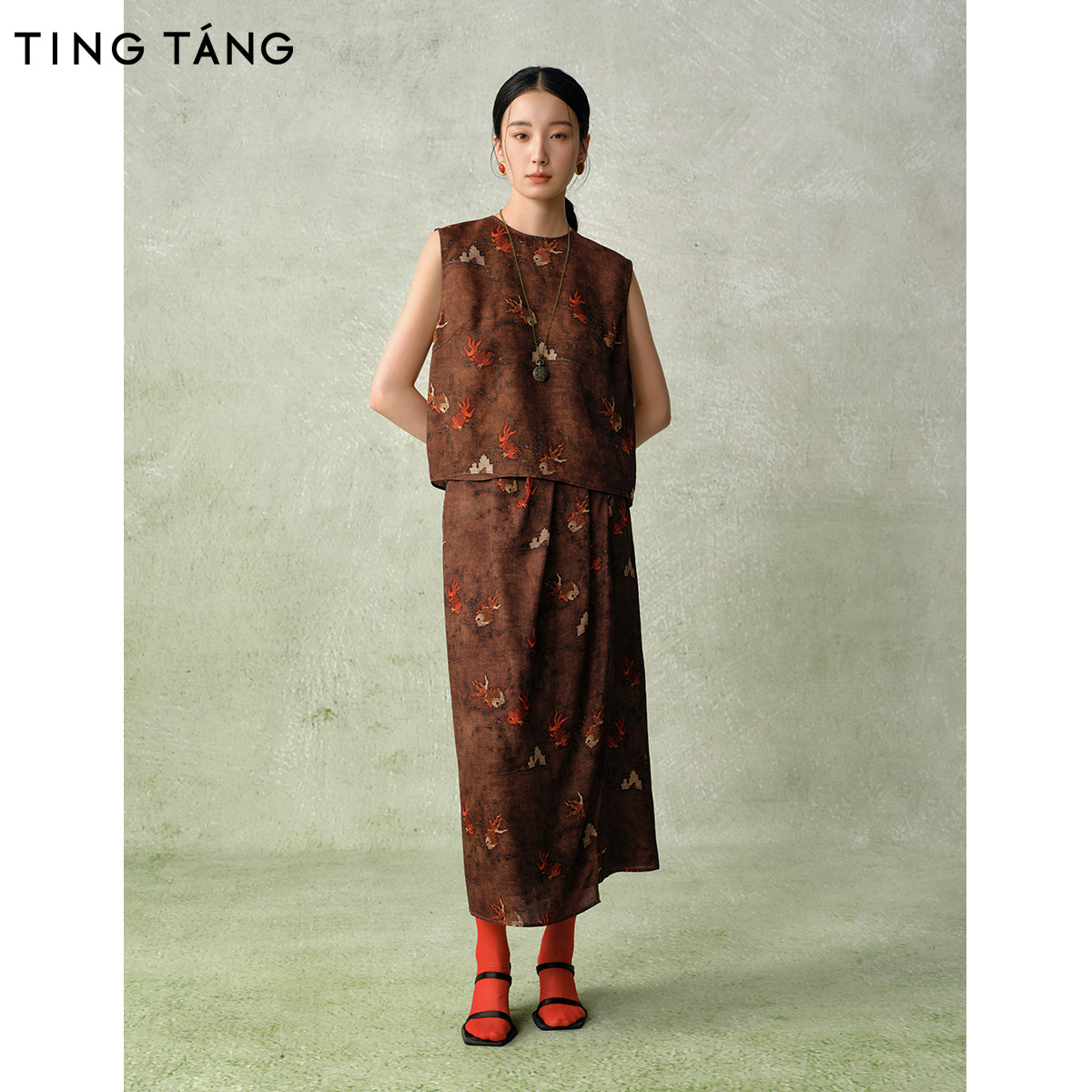 厅唐TINGTANG【金鳞赋】轻中式古韵金鱼暗纹套装圆领无袖背心半裙