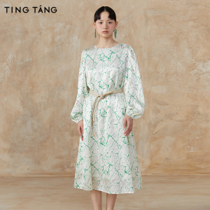 厅唐TINGTANG连衣裙女新中式印花设计透明斑块温柔层次感中长裙