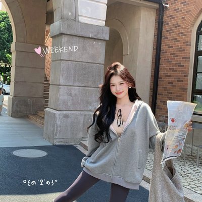 韩系慵懒感空气层拉链连帽拼色卫衣秋季新款纯棉上衣宽松开衫外套