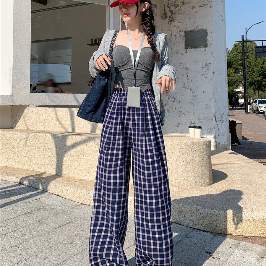 赵露思同款格子裤女2025新款春季慵懒风遛弯裤宽松阔腿休闲裤