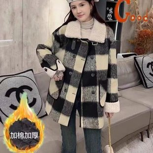 黑白格纹毛呢女外套冬季2025年夹棉内胆加厚呢子大衣小个子中长款