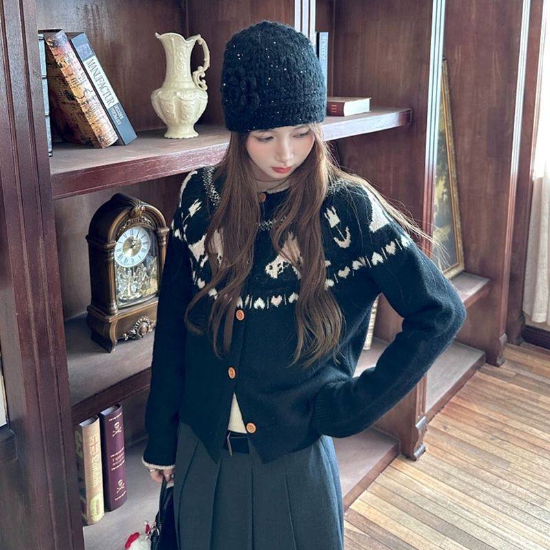 费尔岛小马提花气质减龄长袖针织开衫毛衣女秋冬显瘦上衣