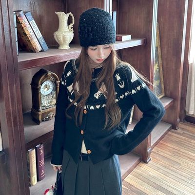 费尔岛小马提花气质减龄长袖针织开衫毛衣女秋冬显瘦上衣