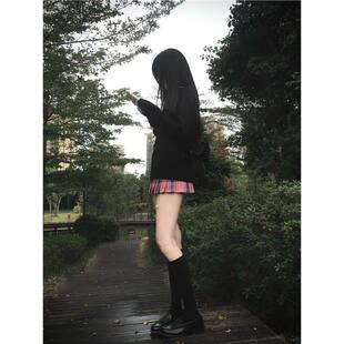 原创日系jk制服黑色套头毛衣长袖 秋冬女校供感原创玫红色妃格裙