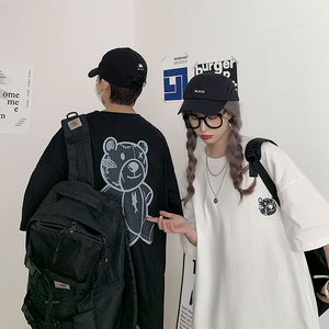 暗黑风ins后背小熊印花短袖t恤男女情侣纯棉学生T恤C417-T02-P25图片