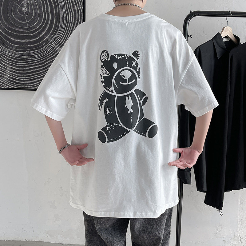 短句-ins后背小熊印花短袖t恤男女情侣纯棉学生T恤白C417-T02-P25,男装T恤,电商A058-1（原电商C417）