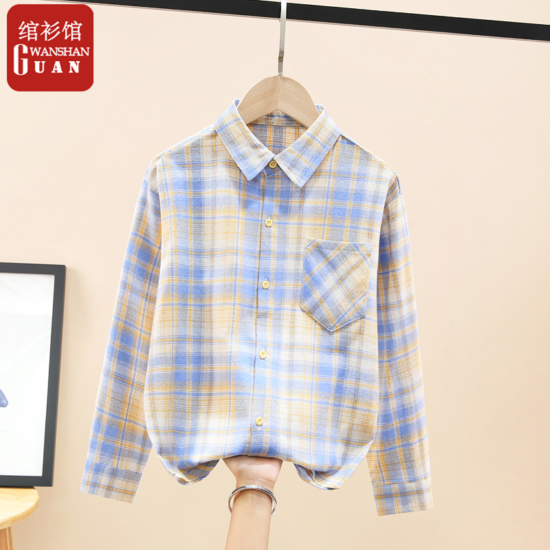 童装女童衬衣春季新款中大童纯棉格子文艺衬衫磨毛洋气潮女孩春装