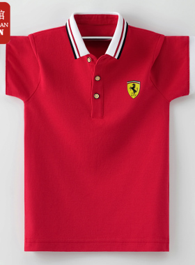 男童夏季短袖t恤2025纯棉新款男孩儿童大童Polo衫红色男带领翻领