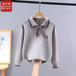 翻领男童毛衣秋冬2024新款加绒儿童针织衫带领男孩打底加厚polo衫
