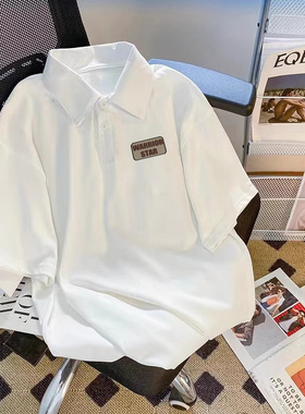 美式短袖POLO衫男夏季简约翻领休闲上衣宽松学生情侣白色纯棉t恤