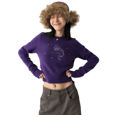 SUPERSCAPE时髦圆领刺绣装饰钻截短式毛衣