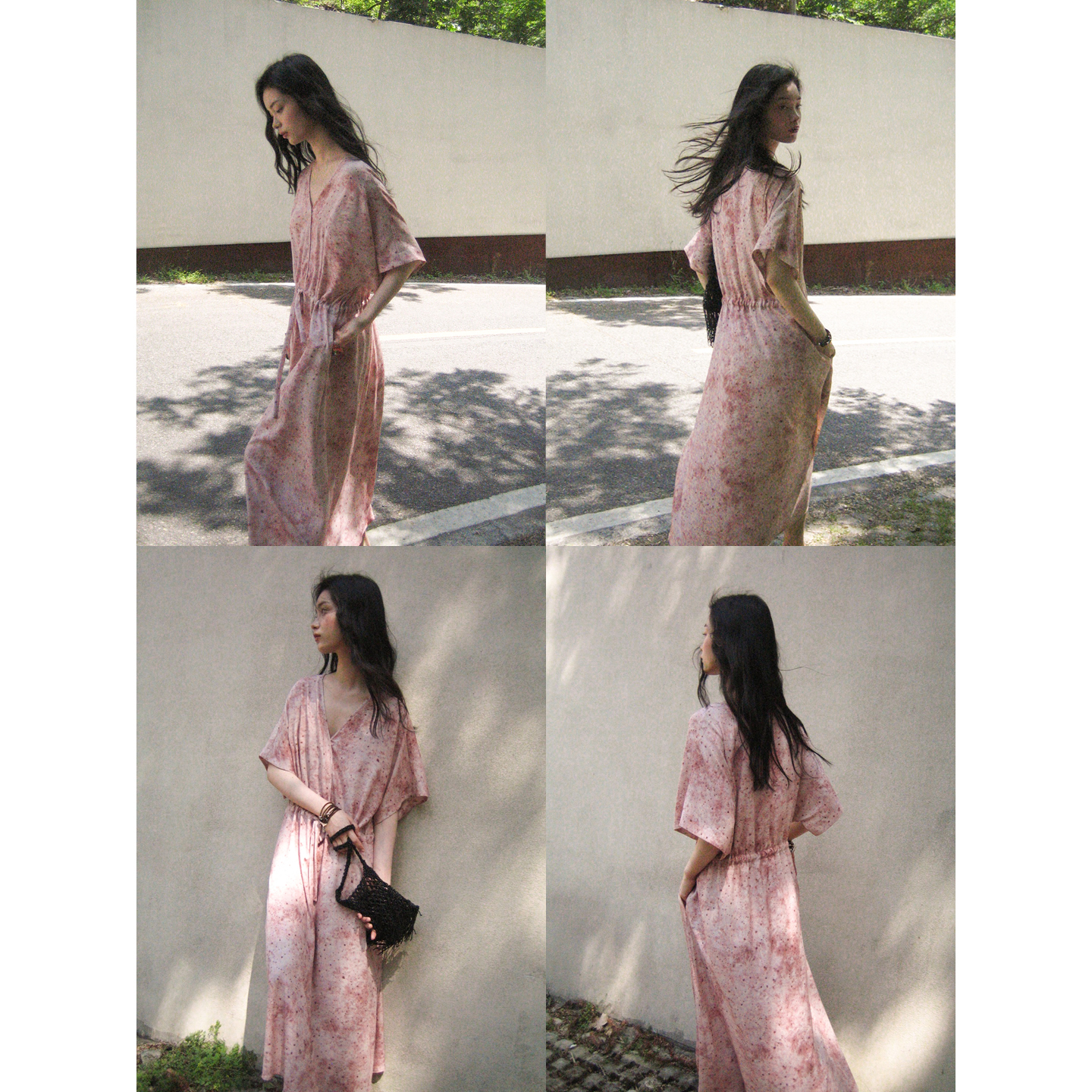 素舶 柔顺垂感印花抽皱V领收腰有袖度假感连衣裙SUPERSCAPE