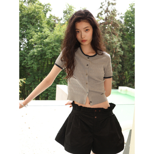 SUPERSCAPE素舶 天丝亚麻天然凉感圆领贝壳扣绞花撞色短袖开衫