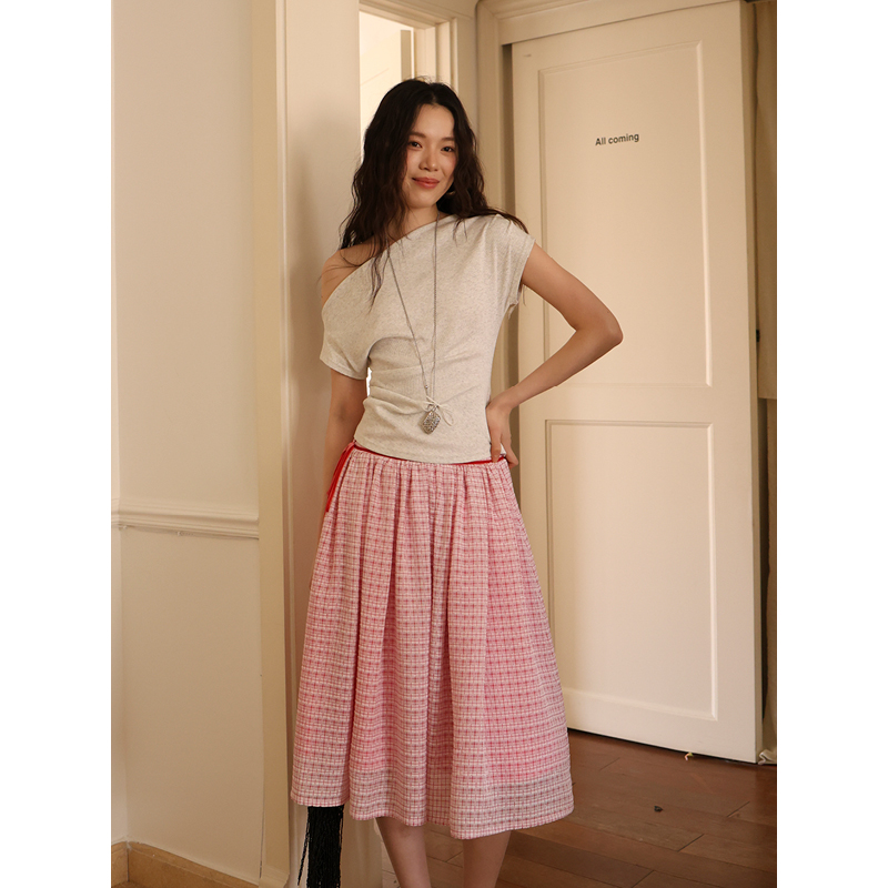 SUPERSCAPE素舶 25SS棉混纺亲肤透气一字领斜肩修身褶皱T恤上衣