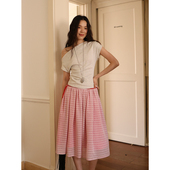 SUPERSCAPE素舶 25SS棉混纺亲肤透气一字领斜肩修身 褶皱T恤上衣