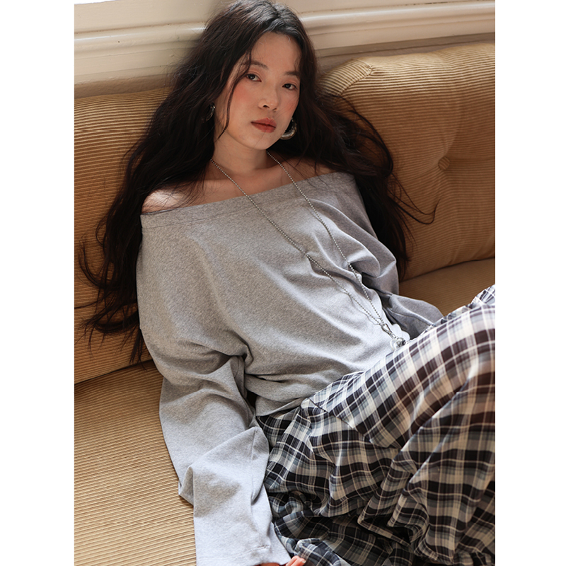 SUPERSCAPE素舶 气质通勤舒适一字领斜肩三穿长袖T恤