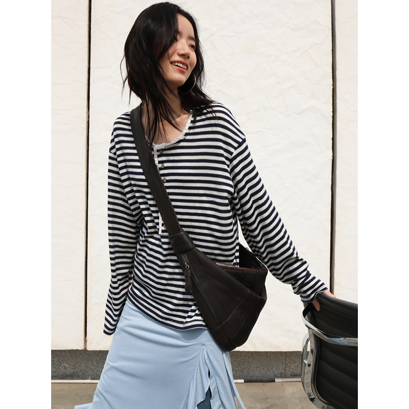 SUPERSCAPE素舶  宽松随性条纹 精致花边亨利领羊毛针织长袖T恤