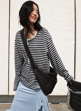 SUPERSCAPE素舶  宽松随性条纹 精致花边亨利领羊毛针织长袖T恤