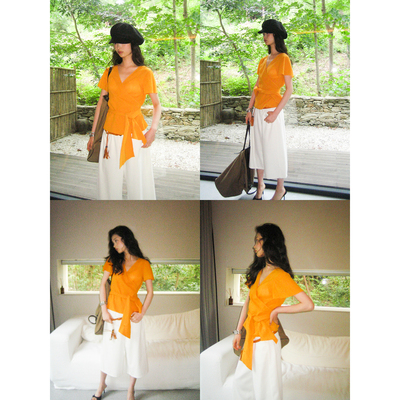 素舶 80支强捻长绒棉100%棉压皱轻薄透气v领茶歇绑带衬衫