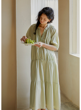 SUPERSCAPE素舶 莱赛尔+亚麻混泡泡袖压褶连衣裙