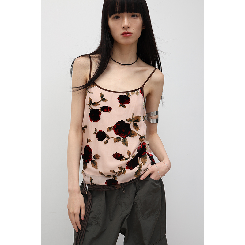 SUPERSCAPE素舶 气质真丝复古玫瑰植绒提花撞色肩带褶皱吊带背心