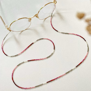 新中式 国风撞色眼镜链女渐变红灰水晶极细2mm耳机链项链墨镜配饰