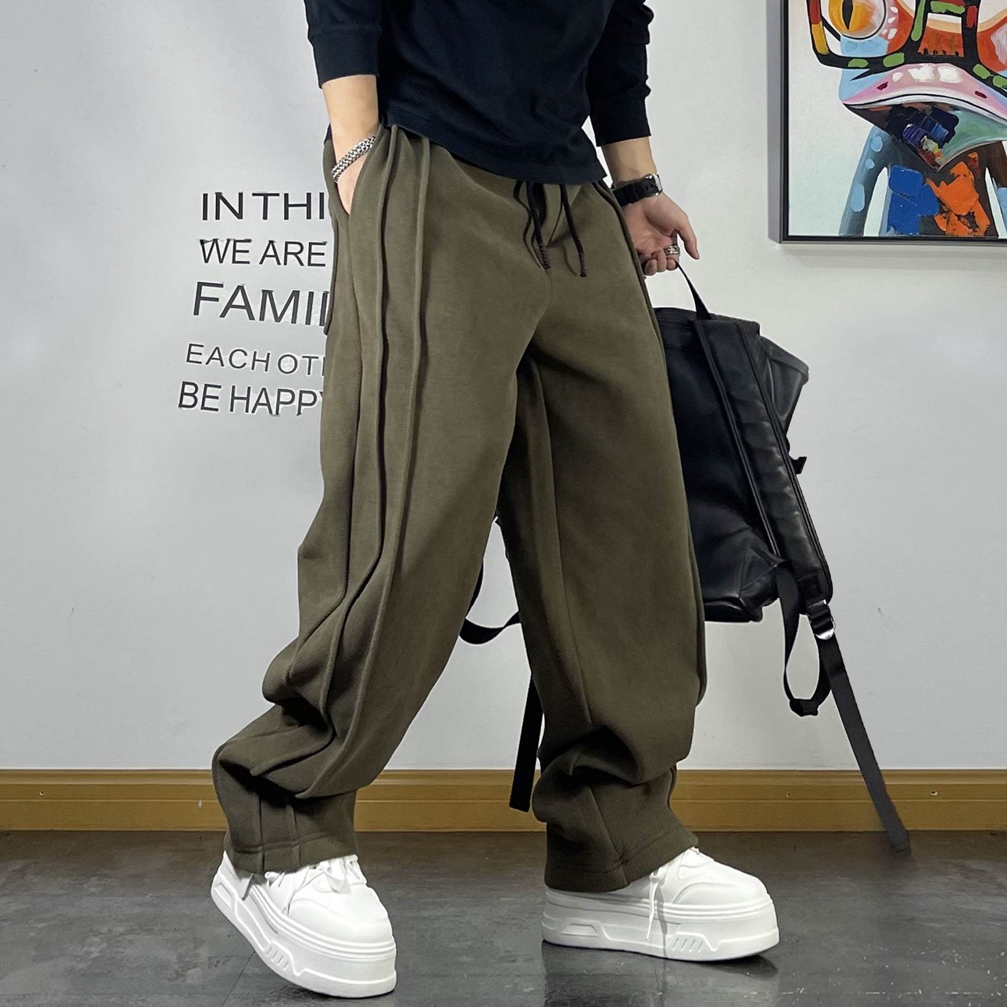 超宽松运动卫裤男美式复古拼接加肥加大潮流直筒裤青年百搭休闲裤