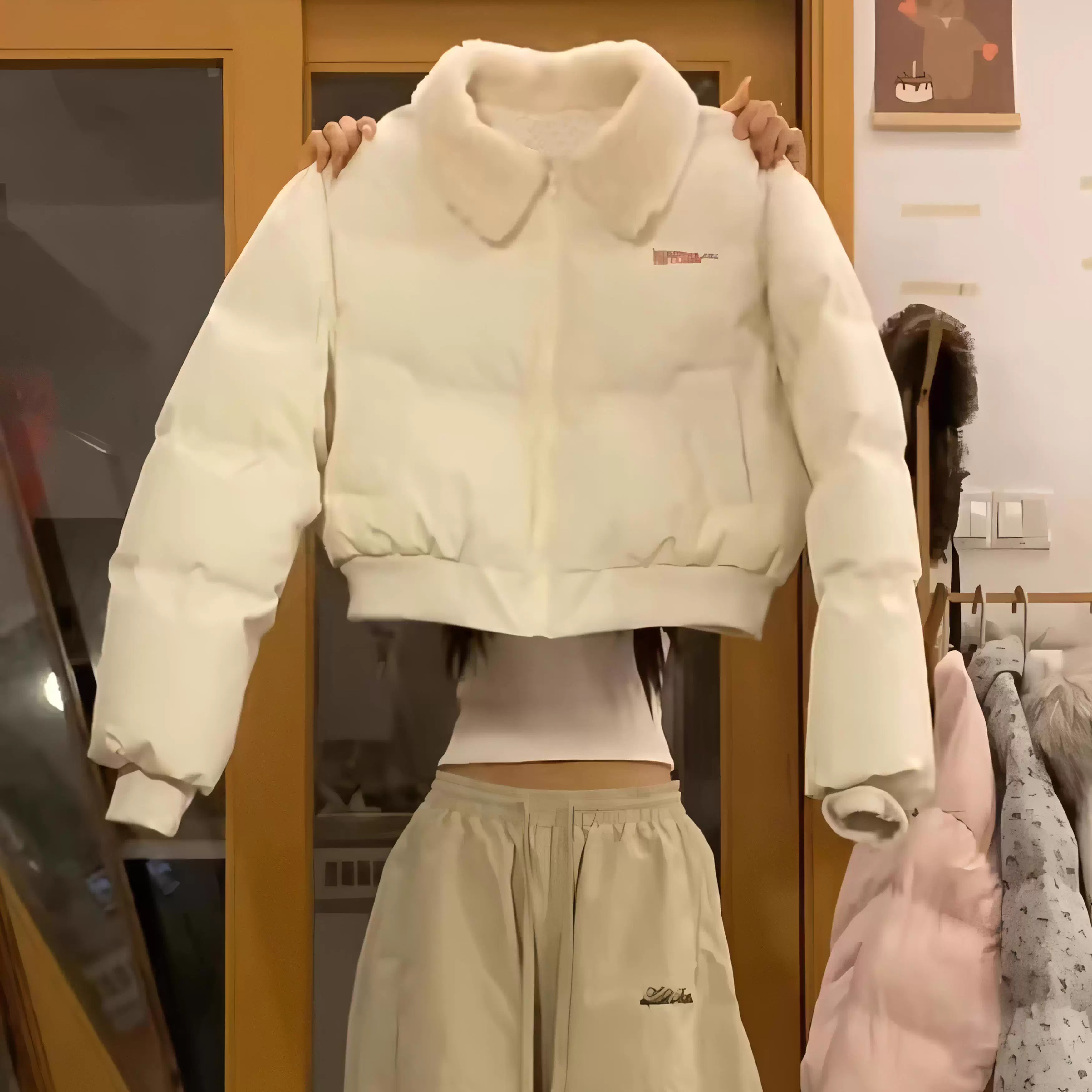 美式羊羔毛翻领羽绒棉服女